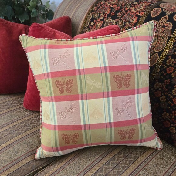 Country Cottage Plaid Accent Pillow  GrannyCore VTG 90s Yellow Pink Large 18x18 - Picture 1 of 16
